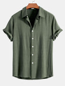 Linen Rayon Blend Button Up Shirt & Crinkled Textured Drawstring Shorts