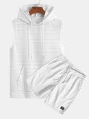 Waffle Sleeveless Hooded T-Shirt With Kangaroo Pocket & Shorts