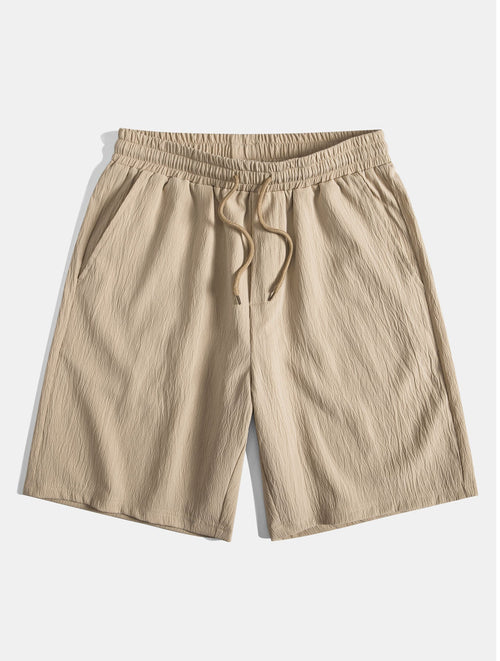 Geometric Jacquard Eyelet Cuban Shirt & Crinkled Textured Drawstring Shorts
