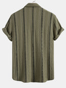 Geometric Striped Jacquard Button Up Shirt & Crinkle Textured Straight Leg Pants