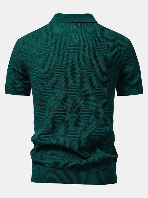 Rhombus Textured Zip Up Knitted Polo Shirt & Slim Fit Tapered Trousers