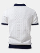 Texture Contrast Knitted V Neck Polo Shirt & Straight Leg Ribbed Pants