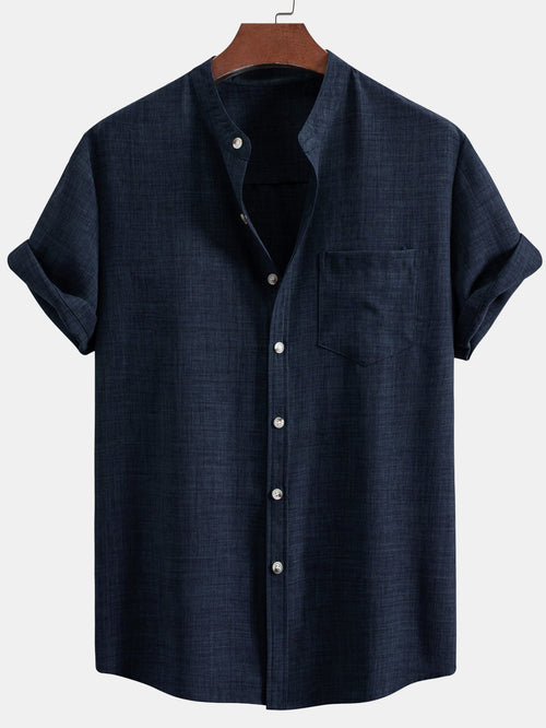 Short Sleeve Stand Collar Shirt & Straight Leg Linen Pants