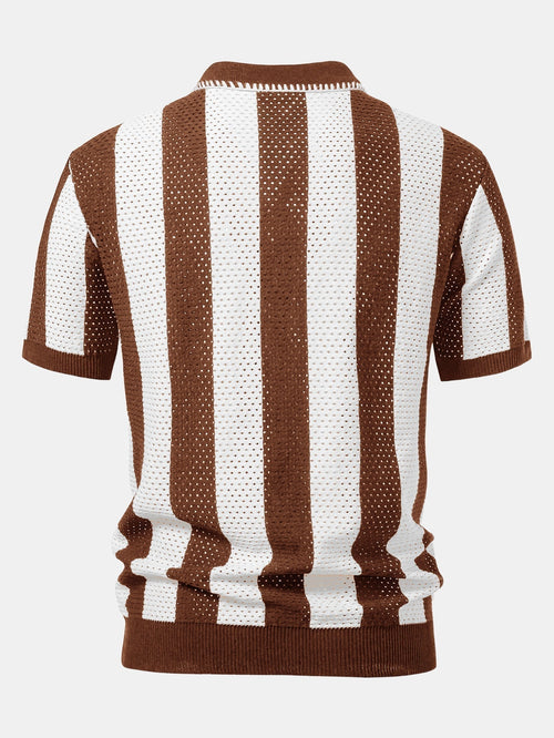 Striped Eyelet Knit Zip Up Polo Shirt & Straight Leg Linen Pants