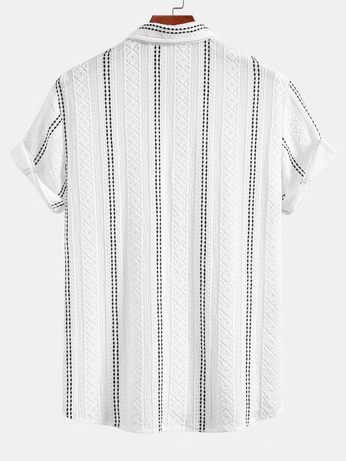 Geometric Striped Jacquard Button Up Shirt & Crinkled Textured Drawstring Shorts