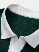 Texture Contrast Knitted V Neck Polo Shirt & Straight Leg Ribbed Pants