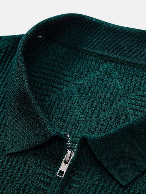 Rhombus Textured Zip Up Knitted Polo Shirt & Slim Fit Tapered Trousers