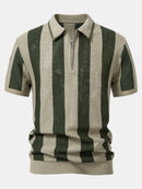 Striped Eyelet Knit Zip Up Polo Shirt & Straight Leg Linen Pants