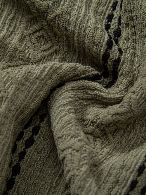 Geometric Striped Jacquard Button Up Shirt & Straight Leg Linen Pants