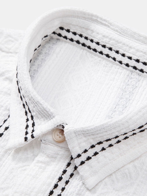 Geometric Striped Jacquard Button Up Shirt & Crinkled Textured Drawstring Shorts