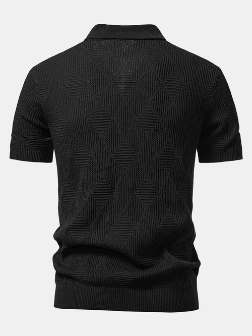 Rhombus Textured Zip Up Knitted Polo Shirt & Slim Fit Tapered Trousers