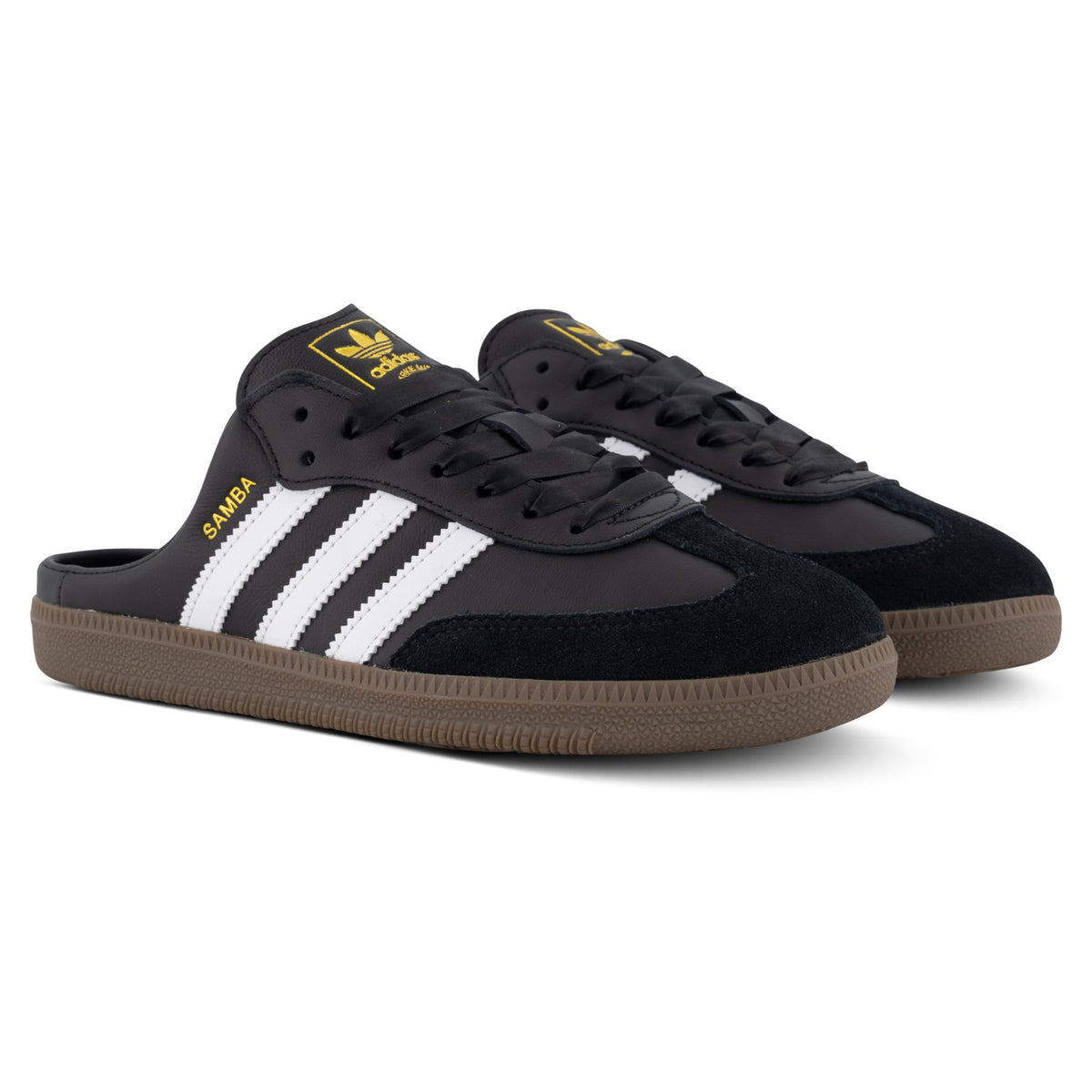 adidas Samba OG Mule Satin Lace Edition – Core Black / Cloud White – pair, front three-quarter view