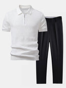 Rhombus Textured Zip Up Knitted Polo Shirt & Slim Fit Tapered Trousers