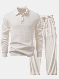 Long Sleeved Knitted Waffle Polo Shirt & Drawstring Knitted Waffle Pants