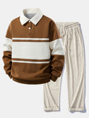 Relax Fit Color Block Patchwork Polo Sweatshirt & Straight Leg Corduroy Pants