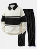 Relax Fit Color Block Patchwork Polo Sweatshirt & Straight Leg Corduroy Pants
