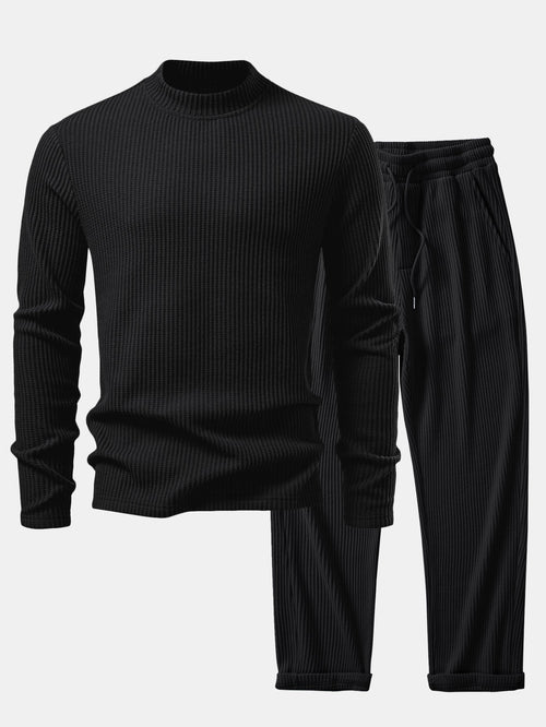 Long Sleeve Waffle Mock Neck T-Shirt & Drawstring Knitted Waffle Pants