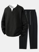 Relax Fit Long Sleeve 2 In 1 Waffle T-Shirt & Single Pleat Drawstring Straight Leg Pants