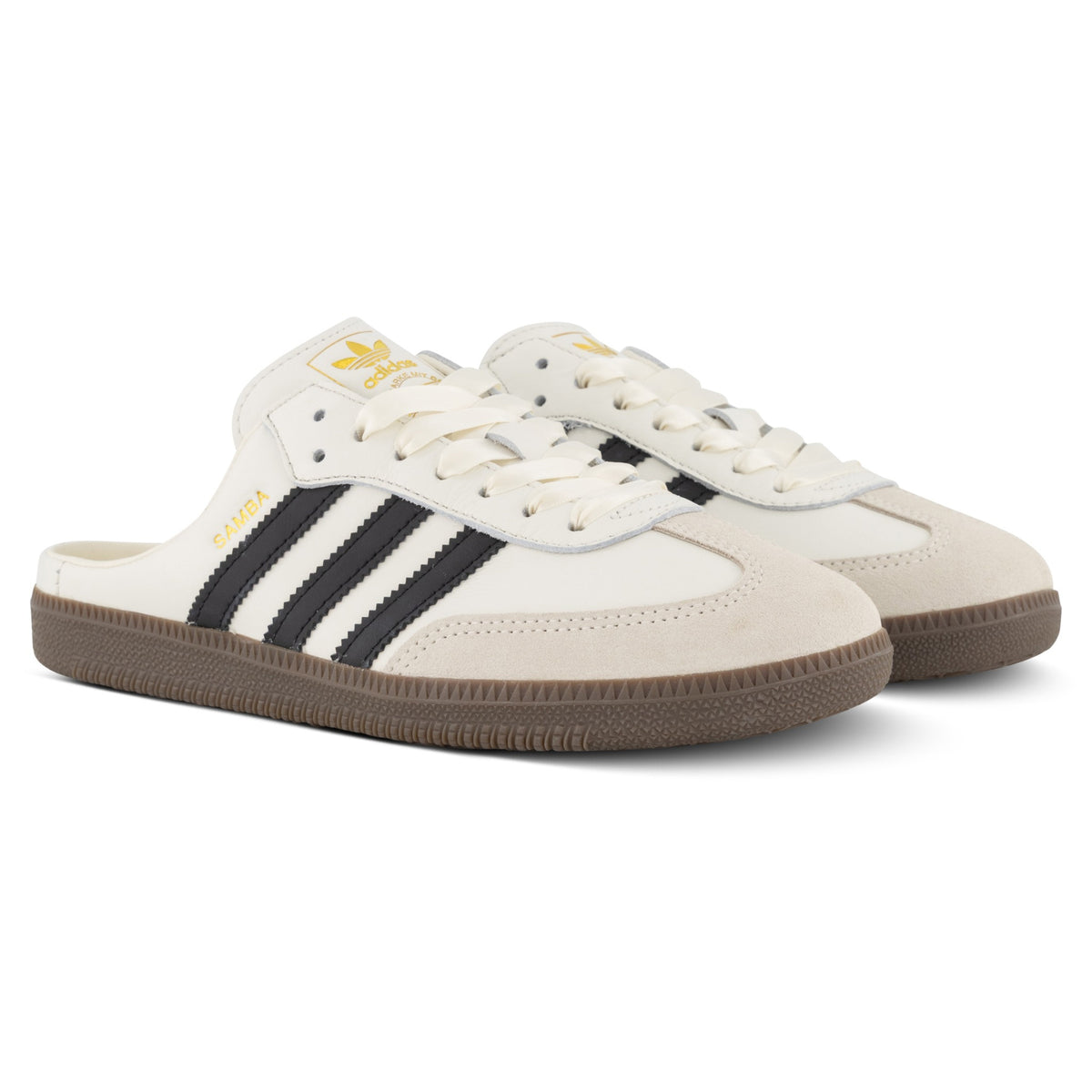 adidas Samba OG Mule Satin Lace Edition – Cloud White / Core Black – pair, front three-quarter view
