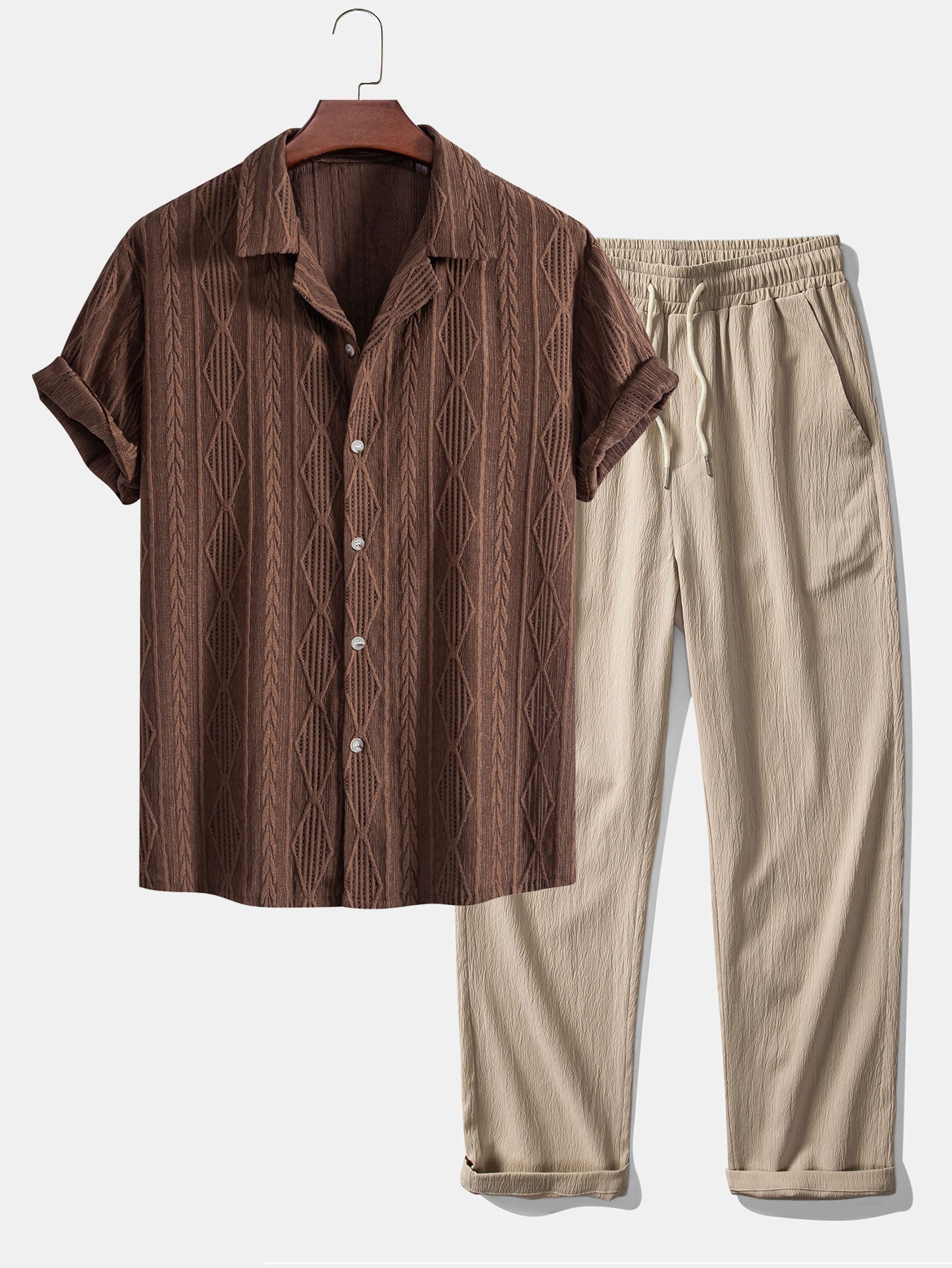 Geometric Jacquard Eyelet Cuban Shirt & Crinkle Textured Straight Leg Pants