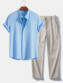 Muscle Fit Ribbed Stand Collar Shirt & Elastic Waist Straight Leg Trousers