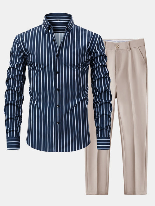 Long Sleeve Stripe Button Up Shirt & Slim Fit Tapered Trousers