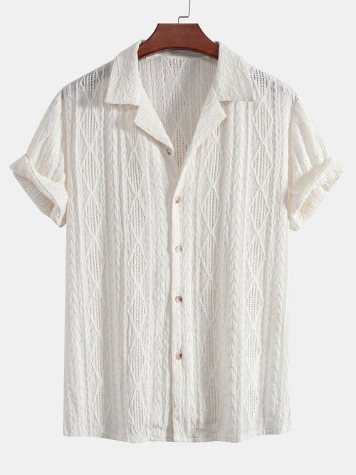 Geometric Jacquard Eyelet Cuban Shirt & Crinkled Textured Drawstring Shorts