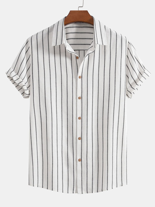 Cotton Blend Striped Button Up Shirt & Straight Leg Linen Pants