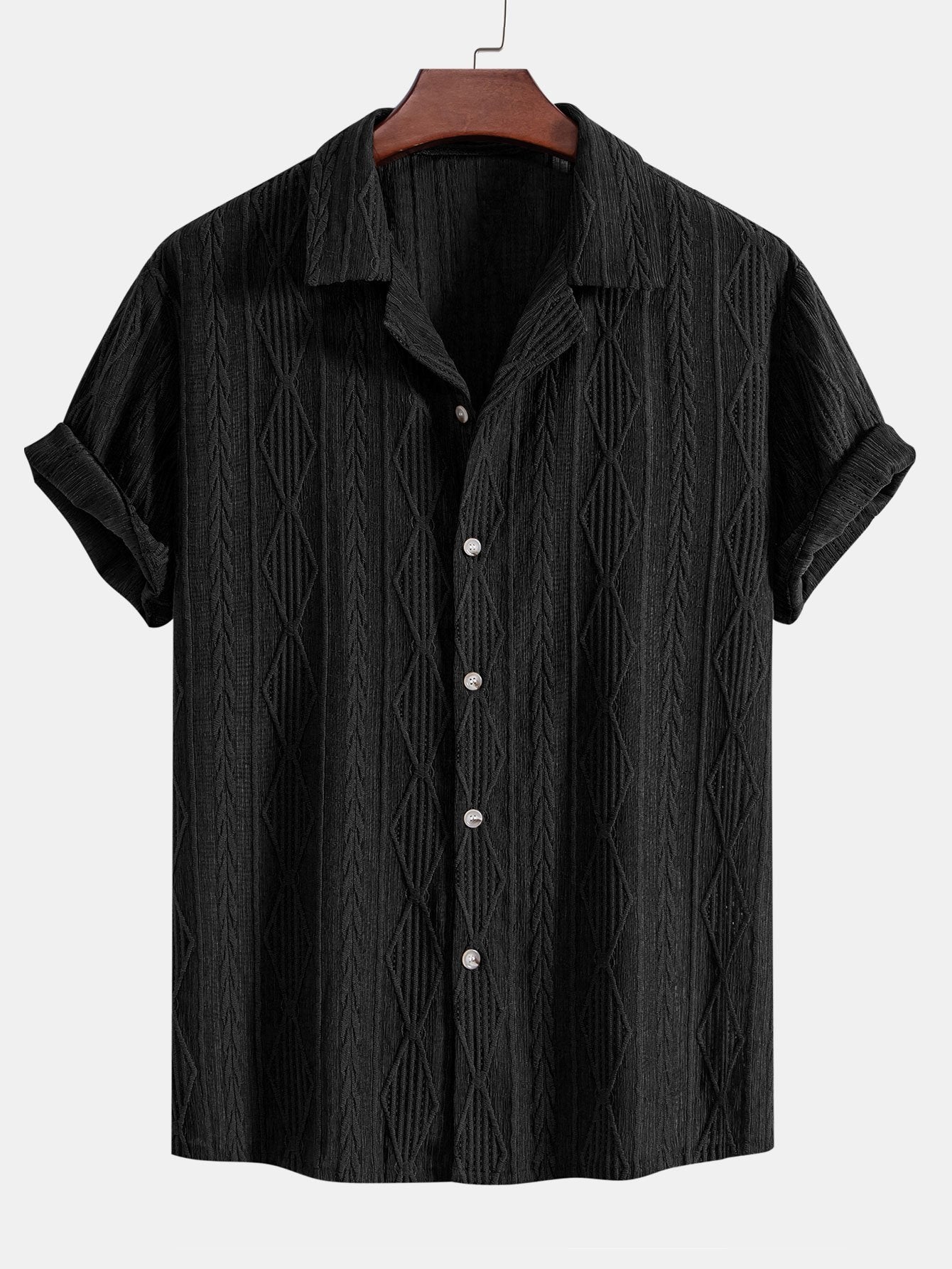 Geometric Jacquard Eyelet Cuban Shirt & Crinkle Textured Straight Leg Pants