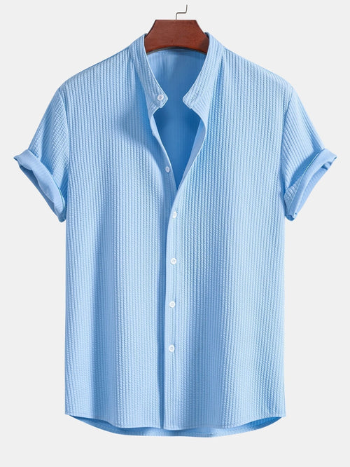 Muscle Fit Ribbed Stand Collar Shirt & Elastic Waist Straight Leg Trousers